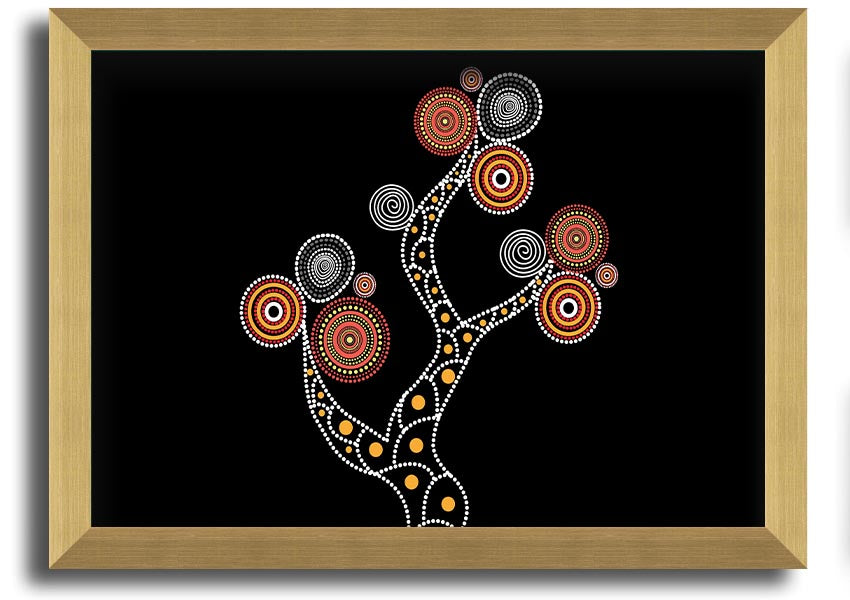 Framed Aboriginal Tree 1 print showcasing vibrant colors and intricate patterns, ready to hang.